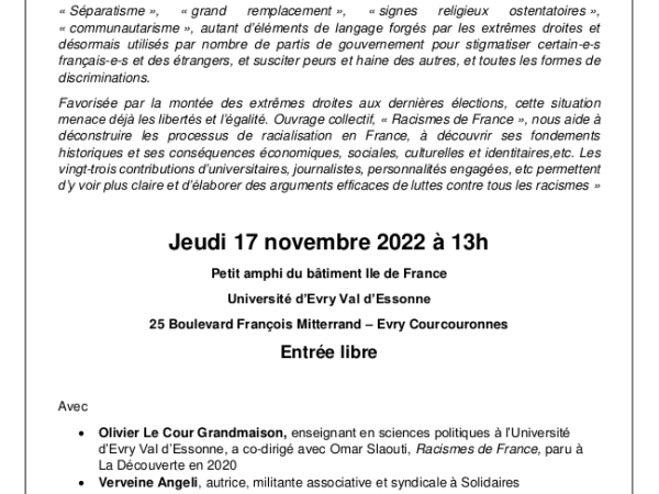 17 novembre 2022 – Conférence « Racismes de France aujourd’hui »