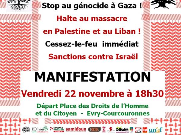 22 novembre 2024 – Manifestation, halte au massacre à Gaza et au&nbsp;liban
