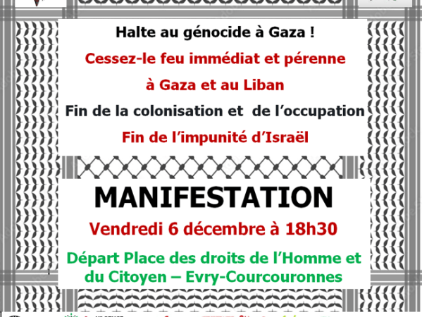 6 décembre 2024 – Manifestation à Évry contre le génocide à&nbsp;Gaza
